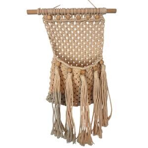 Macrame boho fringe hanging pocket with wooden beads
